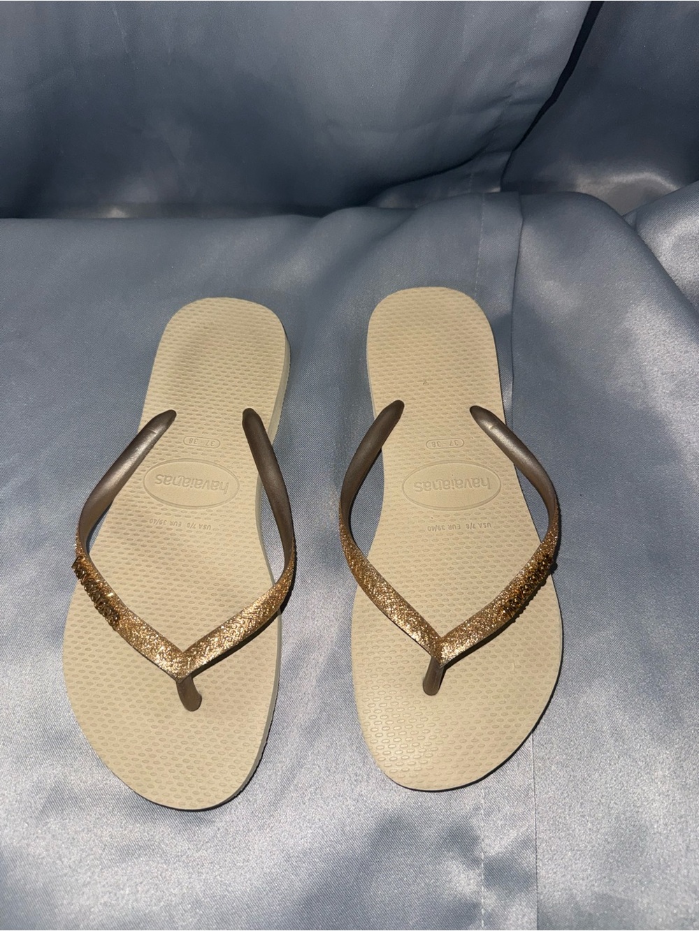 Havaianas Women's Light Beige Flip Flops with Glitter Bronze Straps